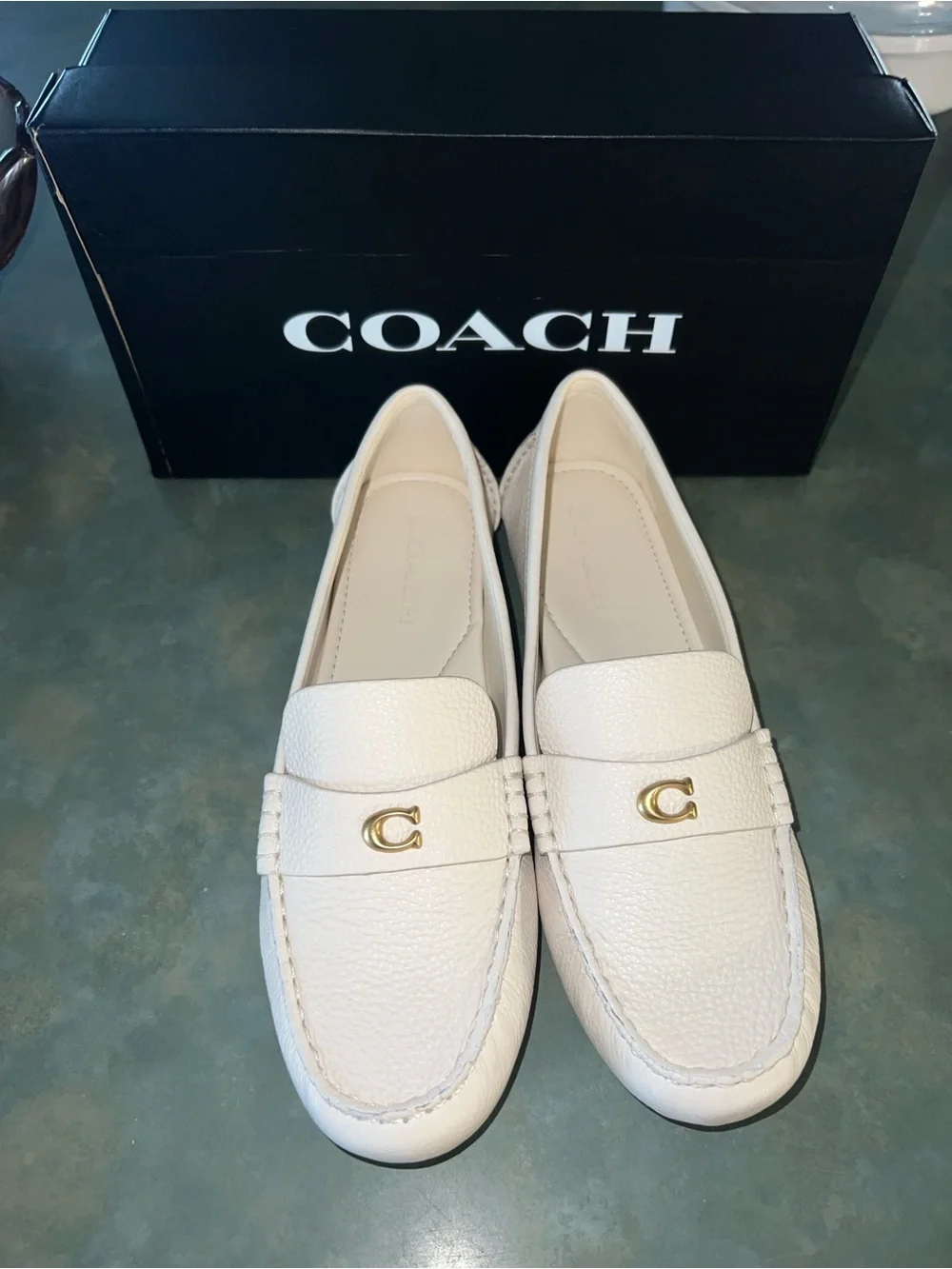 COACH Ivory Pebbled Leather Penny Loafers with Gold 'C' Accent